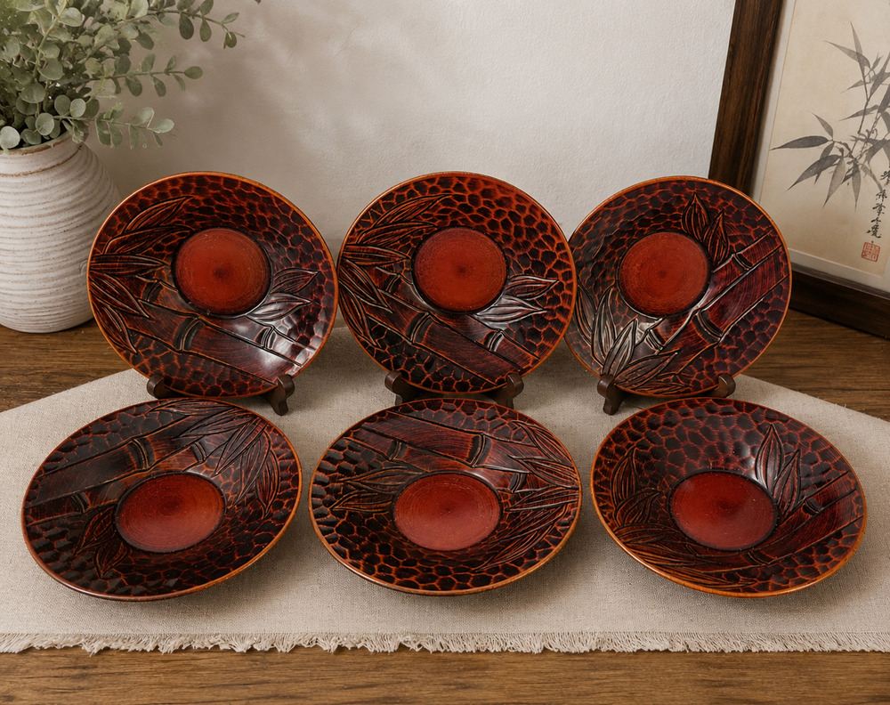 Vintage Japanese Snack Plates Set of 6 Raised Botanical Design Made in Japan